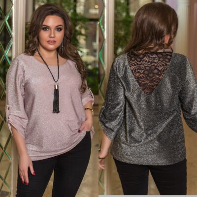 Блуза жіноча, люрекс, великого розміру, модна, ошатна, вільна, з мереживною вставкою на спинці, П-1067/187