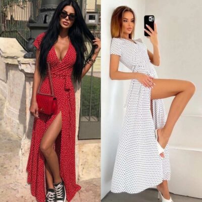 Платье женское длинное на запах в горошек, легкое, летнее, платье - халат