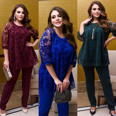 Костюм женский кружевная свободная блуза и брюки до 60 р-ра