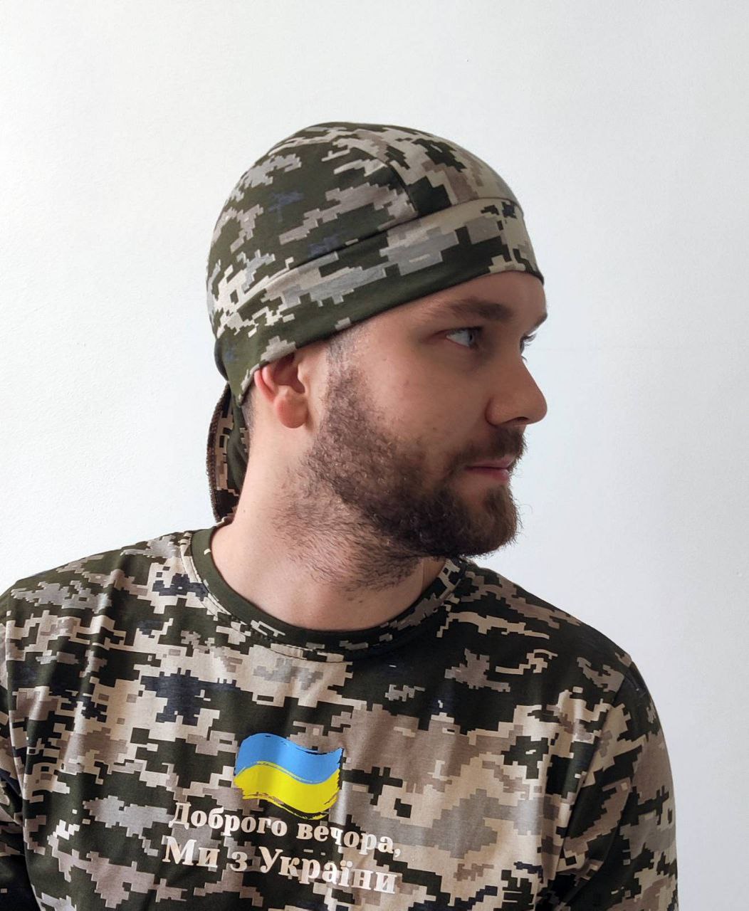 Бандана чоловіча, на зав'язках, трикотажна, модна, хакі, чорний, синій, камуфляж,