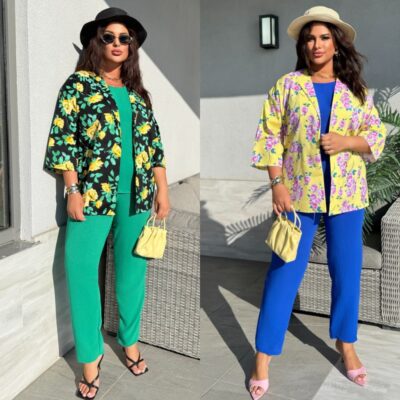 Костюм жіночий 3-ка, від 50 до 60р, піджак з квітковим принтом, блуза та штани