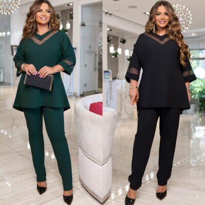 Костюм жіночий брючний, від 50 до 60р, вільна блуза з вставками з флок на сітці