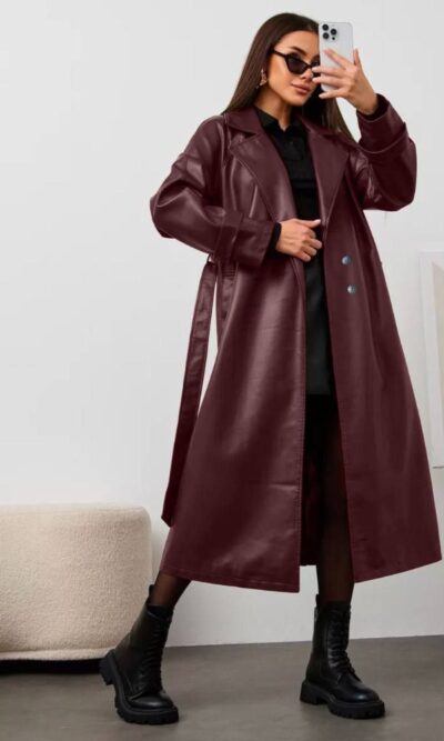 Тренч жіночий, еко шкіра на підкладці, подовжений плащ