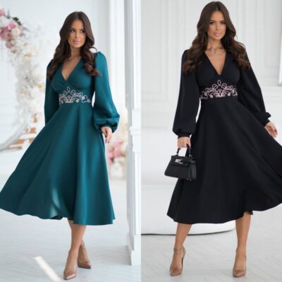 Сукня жіноча, ошатна, довжина міді з контрастною вишивкою на талії