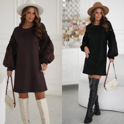 Сукня жіноча, замшева з вишивкою на об’ємних рукавах, коротка