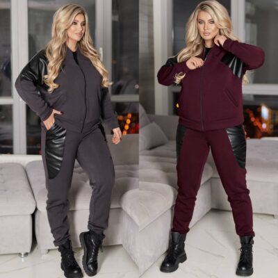 Костюм жіночий, від 50 до 64р, теплий на флісі, декорований вставками з екошкіри