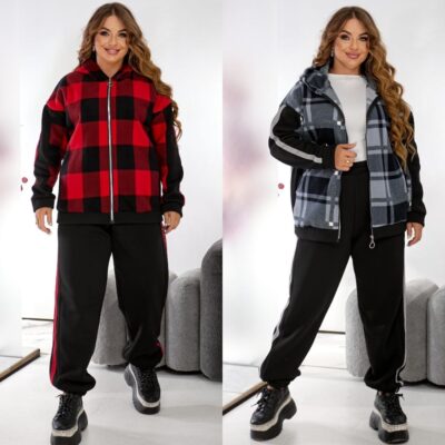 Костюм жіночий, від 42 до 54р, тепла тринитка та полар фліс, принт стильна клітина, з капюшоном