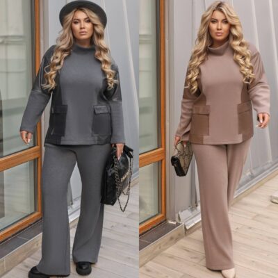 Костюм жіночий брючний, від 50 до 64р, тепла двостороння ангора, декорований вставками зі штучної шкіри