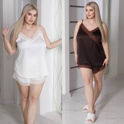 Піжама жіноча, домашній шовковий комплект, від 50 до 64р, декорований мереживом